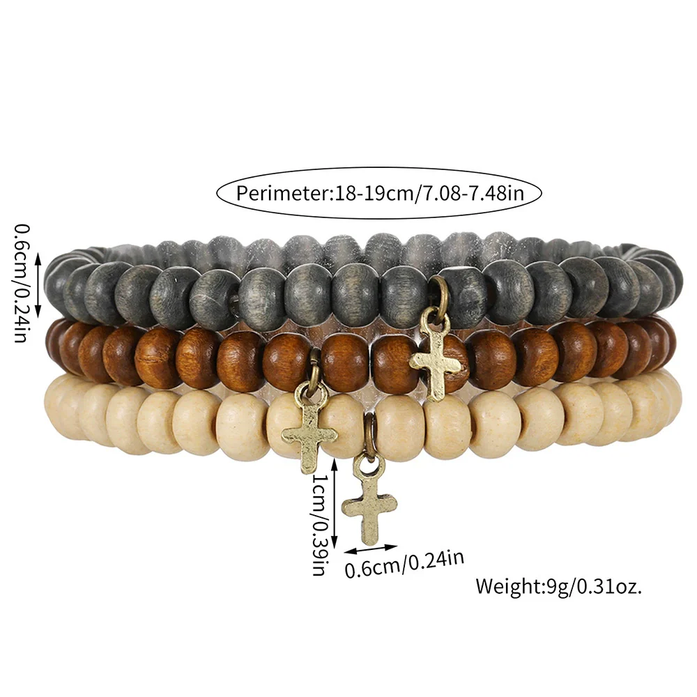 Wholesale Wooden Beads Alloy Handmade Geometric Cross Pendant Bracelet Set - Image 5