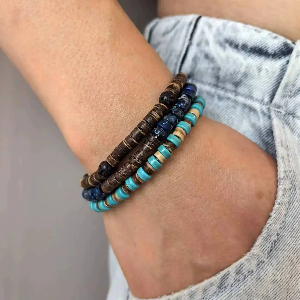 Wholesale Wooden Beads Alloy Handmade Geometric Cross Pendant Bracelet Set - Image 7