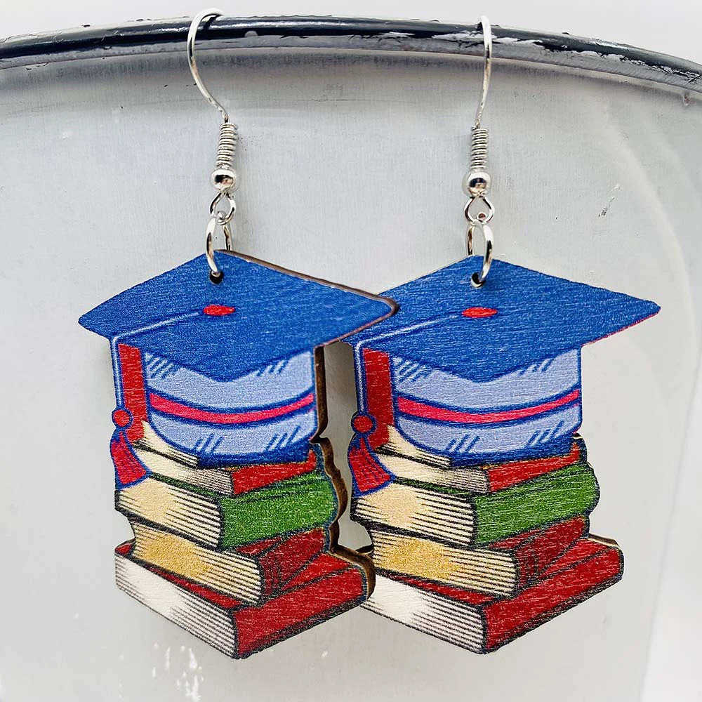 Wholesale Wooden Handmade Drop Shape Geometric Letter Printed Pendant Earrings For Women - Image 3