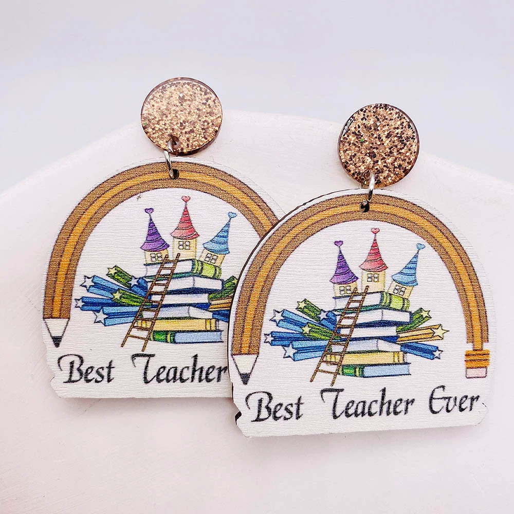 Wholesale Wooden Handmade Women's Earrings With Rainbow Apple Book Leopard Print Geometric Cartoon Characters Ushaped Letters Numbers Text Patterns - Image 2