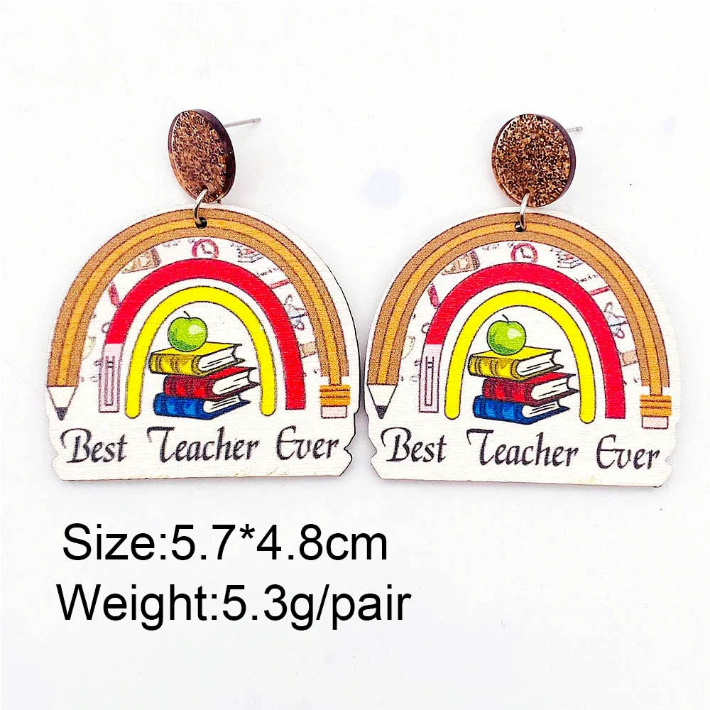 Wholesale Wooden Handmade Women's Earrings With Rainbow Apple Book Leopard Print Geometric Cartoon Characters Ushaped Letters Numbers Text Patterns - Image 3