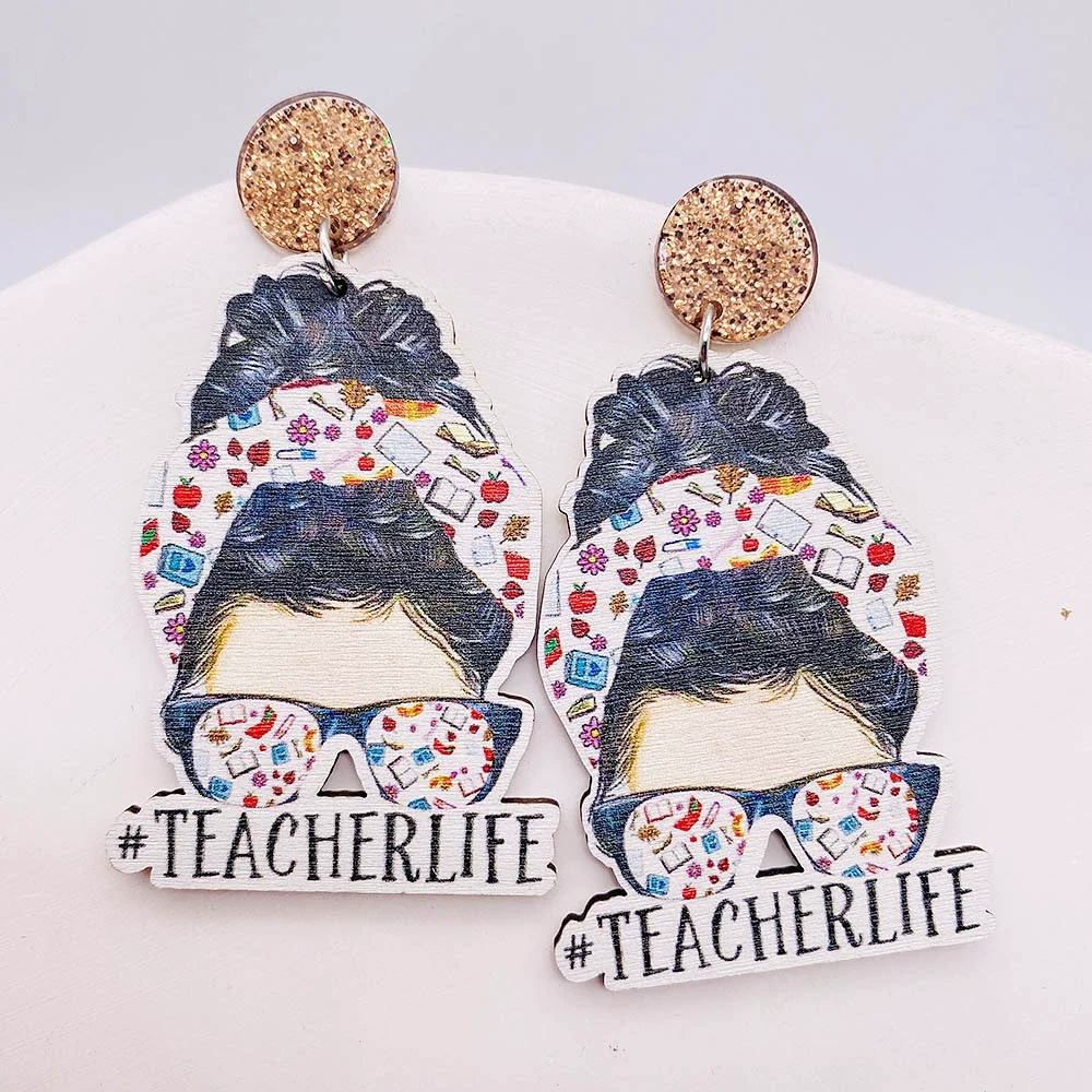 Wholesale Wooden Handmade Women's Earrings With Rainbow Apple Book Leopard Print Geometric Cartoon Characters Ushaped Letters Numbers Text Patterns - Image 7