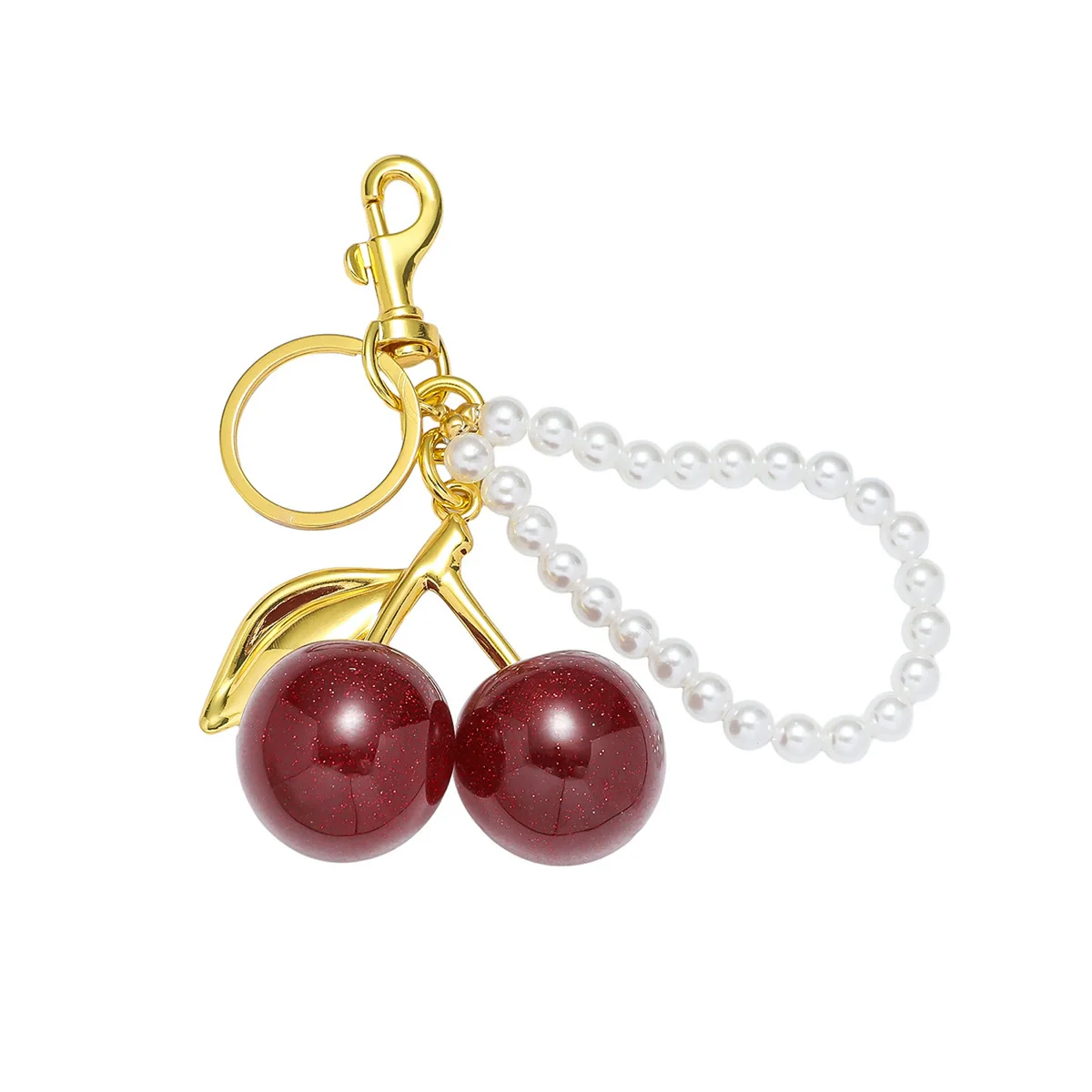 Wholesale Zinc Alloy Fruit Shape Electroplated Resin Cherry Pearl Key Chain Pendant Luggage Charms