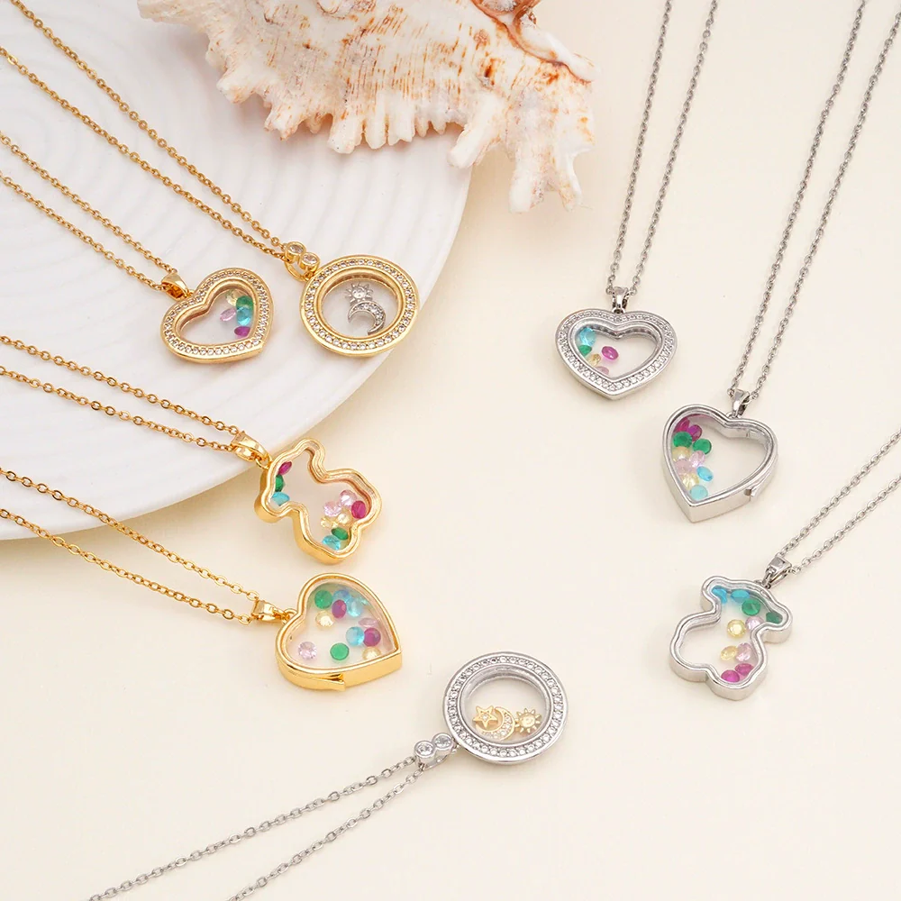 Women Copper Gold Plated Love Bear Pendant Necklace With Heart Shape Geometric Pattern And Mixed Gemstone Inlay