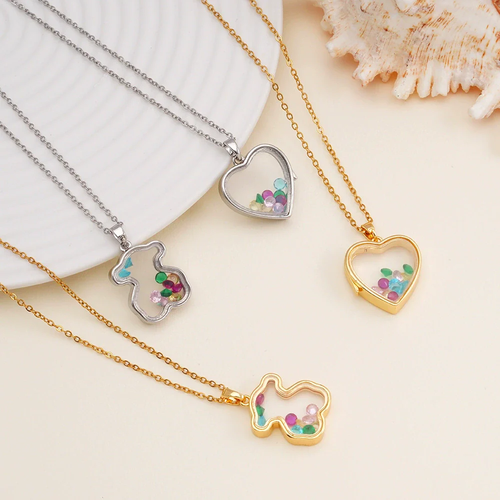 Women Copper Gold Plated Love Bear Pendant Necklace With Heart Shape Geometric Pattern And Mixed Gemstone Inlay - Image 4