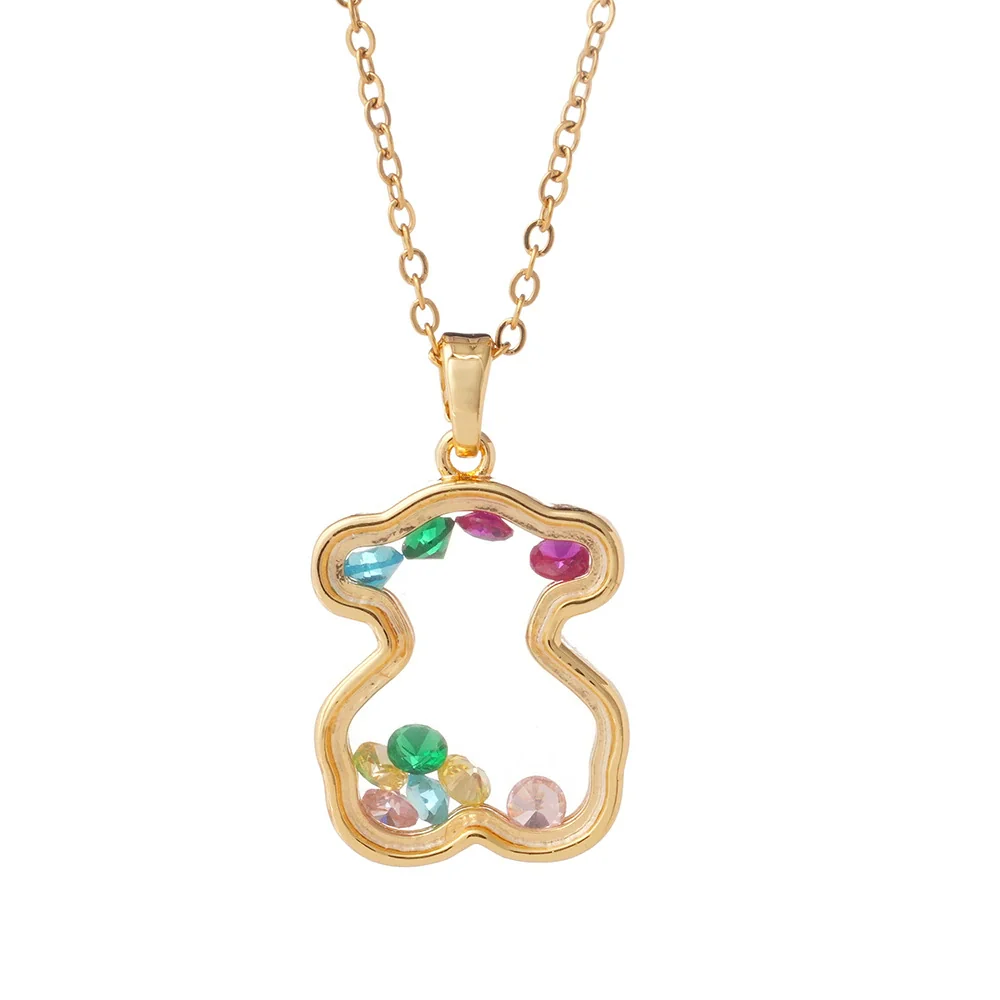 Women Copper Gold Plated Love Bear Pendant Necklace With Heart Shape Geometric Pattern And Mixed Gemstone Inlay - Image 5