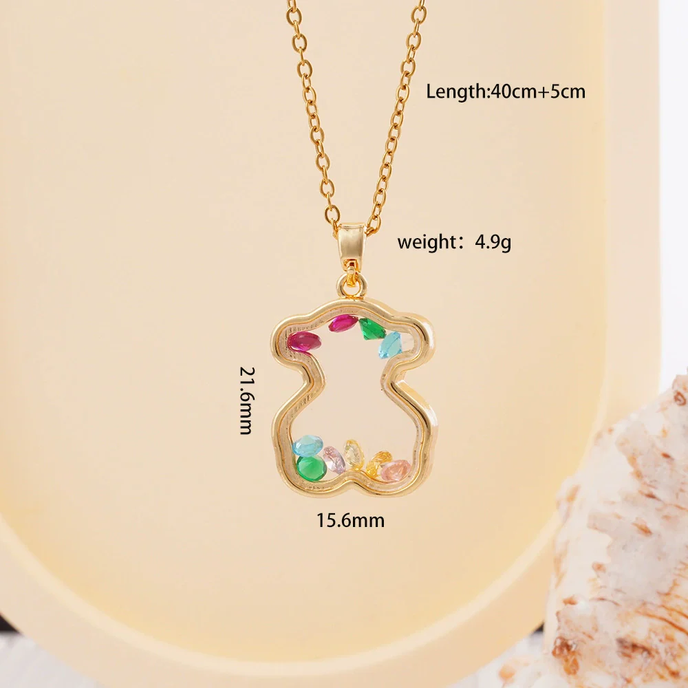 Women Copper Gold Plated Love Bear Pendant Necklace With Heart Shape Geometric Pattern And Mixed Gemstone Inlay - Image 8