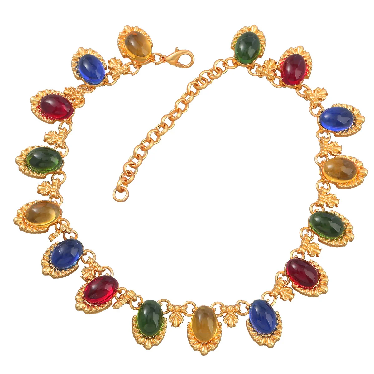 Women Fashion Retro Exaggerated Colorful Oval Alloy Resin Necklace With Geometric Style And Snake Bone Chain - Image 5