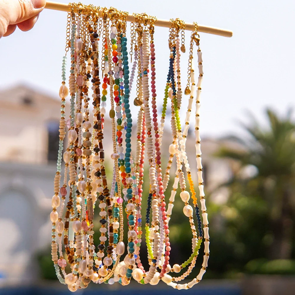 Women Handmade Natural Pearl Natural Stone Huangbei Crystal Stainless Steel Geometric Style Necklace With Electroplating