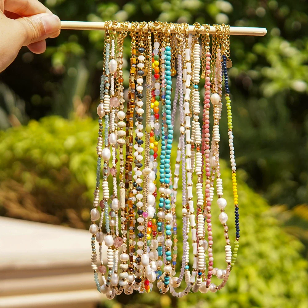 Women Handmade Natural Pearl Natural Stone Huangbei Crystal Stainless Steel Geometric Style Necklace With Electroplating - Image 2