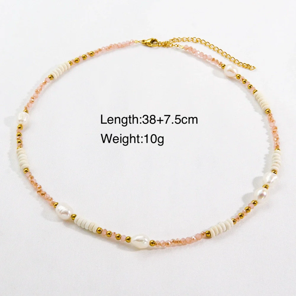Women Handmade Natural Pearl Natural Stone Huangbei Crystal Stainless Steel Geometric Style Necklace With Electroplating - Image 8