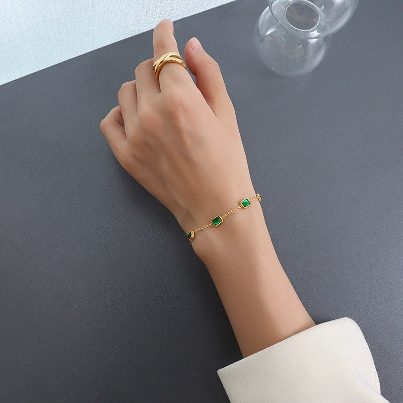 Women Jewelry Niche Style 316L Stainless Steel Inlaid Emerald Zircon Geometric Square Plated 18K Gold - Image 6