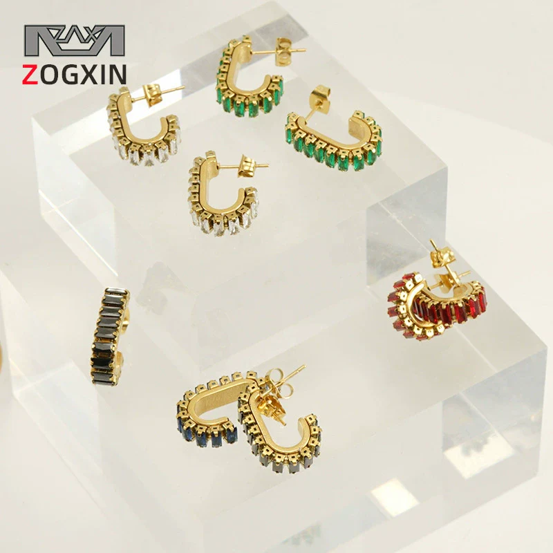 Women 316L Stainless Steel U Shaped Geometric Diamond Earrings With 18K Vacuum Plating And Electroplating Treatment