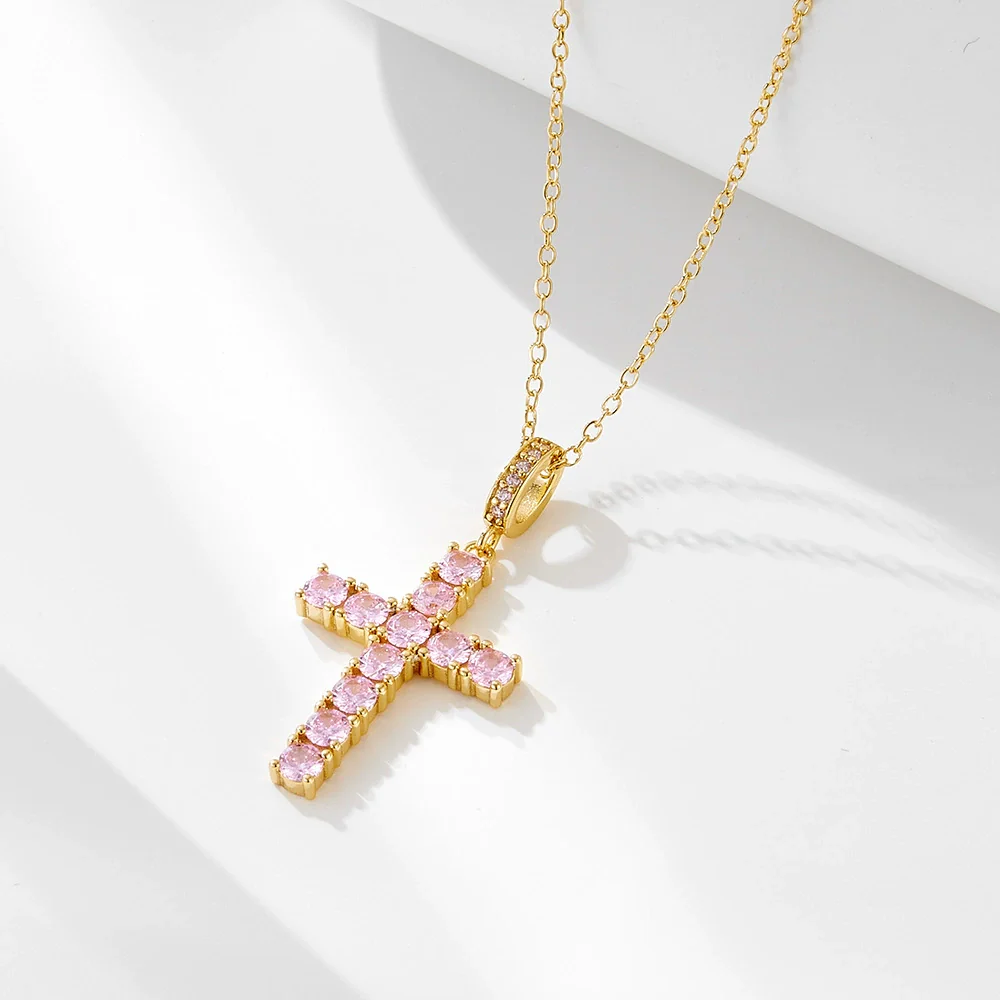 Women's 925 Silver Trendy Allmatch Light Luxury Cross Necklace Set With Pink Zircon And Diamonds