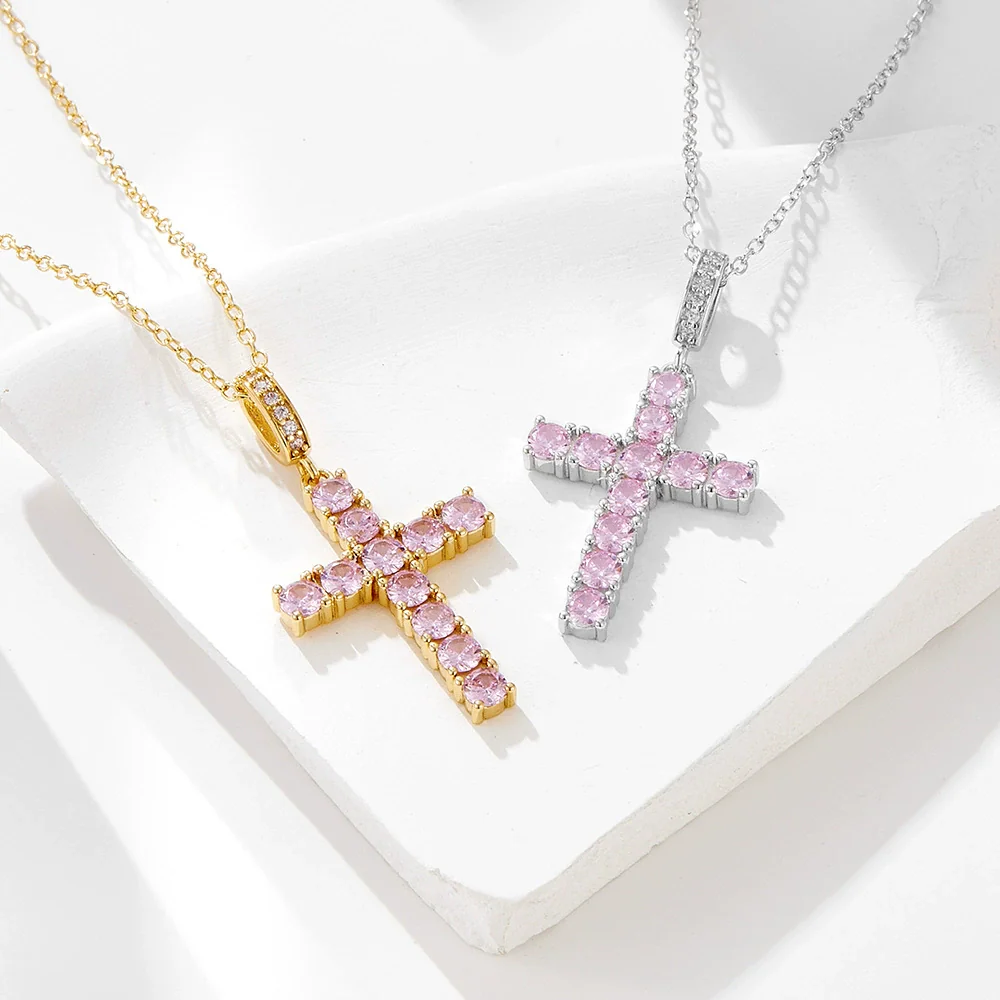 Women's 925 Silver Trendy Allmatch Light Luxury Cross Necklace Set With Pink Zircon And Diamonds - Image 3