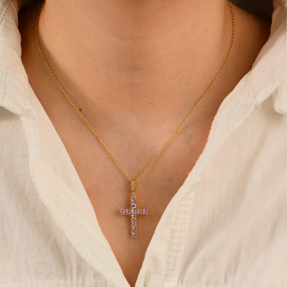 Women's 925 Silver Trendy Allmatch Light Luxury Cross Necklace Set With Pink Zircon And Diamonds - Image 4