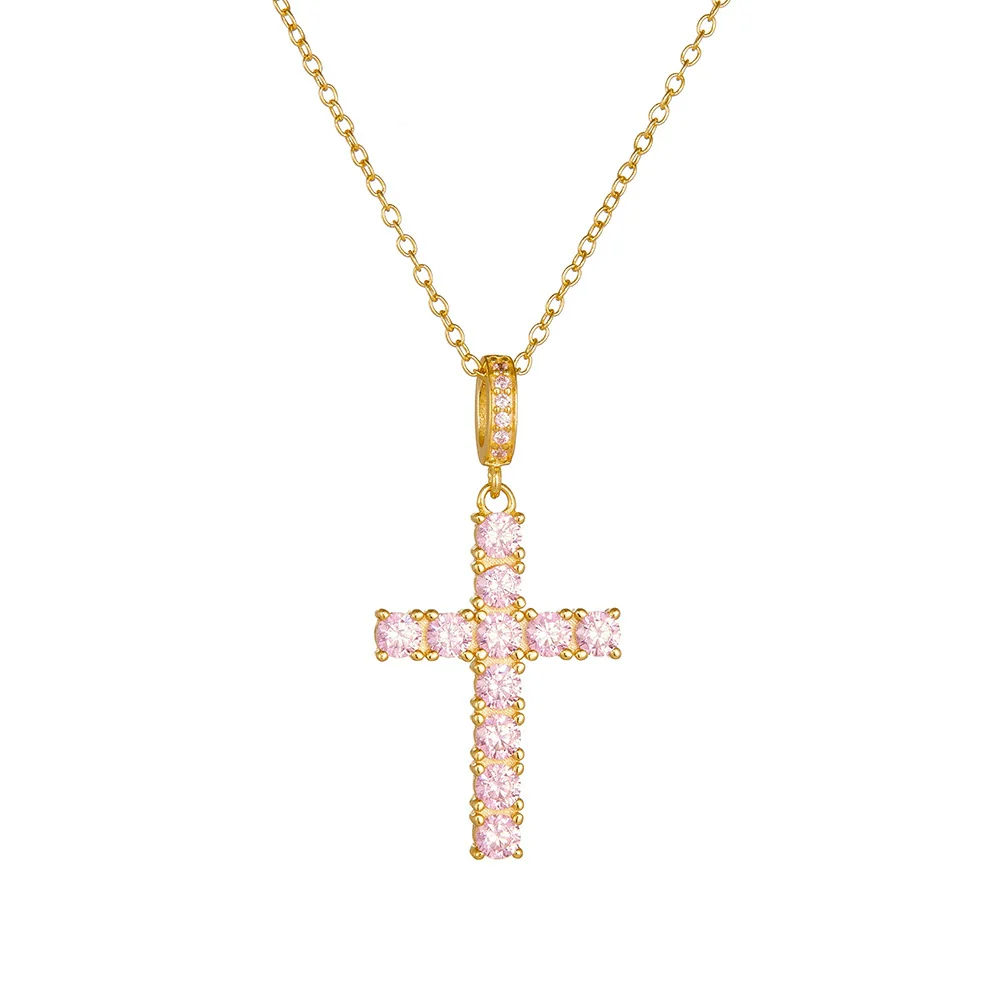 Women's 925 Silver Trendy Allmatch Light Luxury Cross Necklace Set With Pink Zircon And Diamonds - Image 5