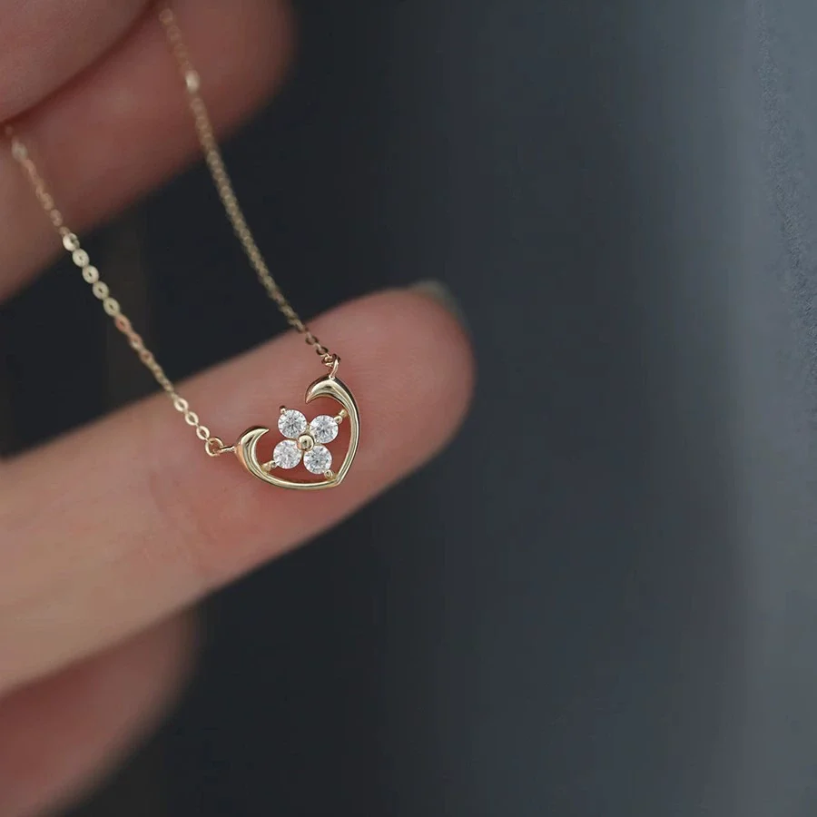 Women's 925 Sterling Silver 14K Gold Plated Necklace With Cross Small Flower Four Leaf Clover Elements And O Chain