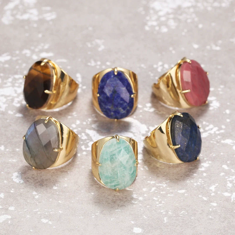 Women's Adjustable Natural Stone Ring Agate Gold Plated Geometric Style Jewelry