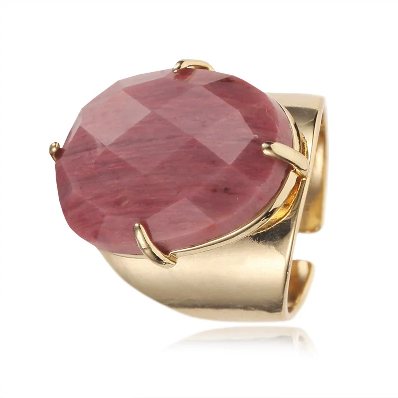 Women's Adjustable Natural Stone Ring Agate Gold Plated Geometric Style Jewelry - Image 10