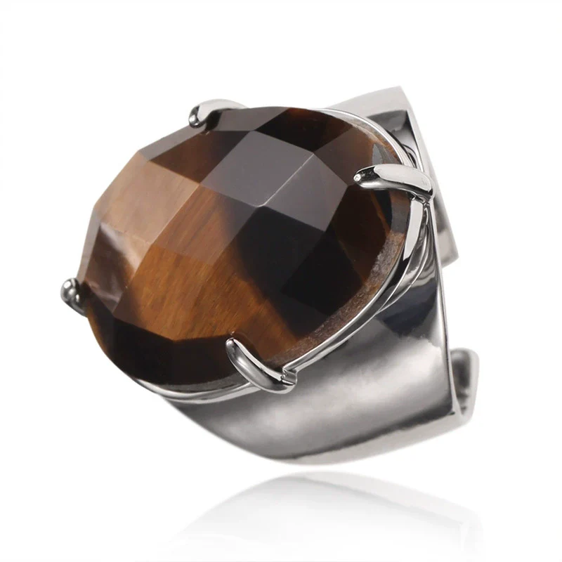 Women's Adjustable Natural Stone Ring Agate Gold Plated Geometric Style Jewelry - Image 12