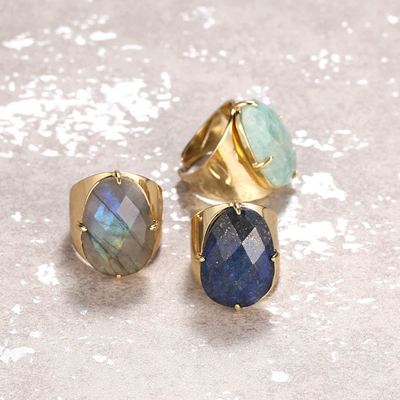 Women's Adjustable Natural Stone Ring Agate Gold Plated Geometric Style Jewelry - Image 2