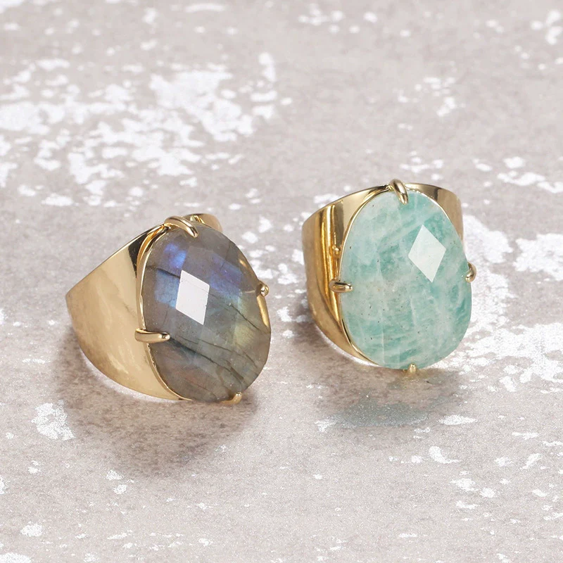 Women's Adjustable Natural Stone Ring Agate Gold Plated Geometric Style Jewelry - Image 3