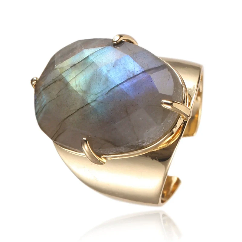 Women's Adjustable Natural Stone Ring Agate Gold Plated Geometric Style Jewelry - Image 7
