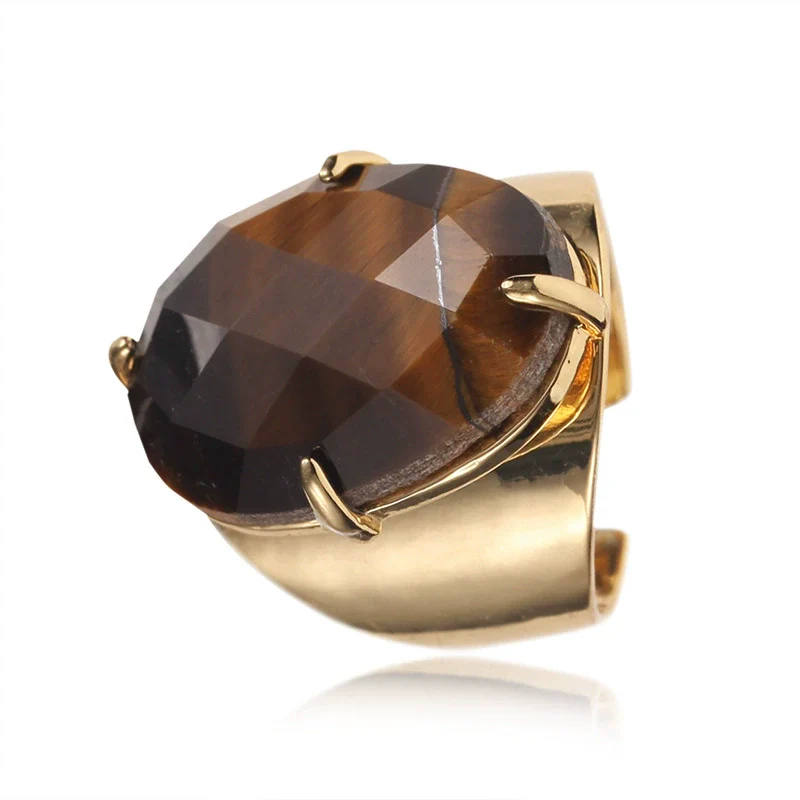 Women's Adjustable Natural Stone Ring Agate Gold Plated Geometric Style Jewelry - Image 8