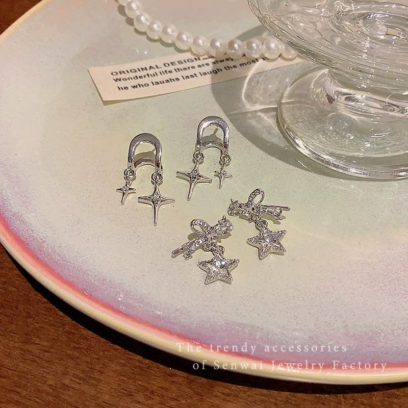 Women's Alloy And 925 Silver Bow And Star Earrings With Electroplating - Image 2