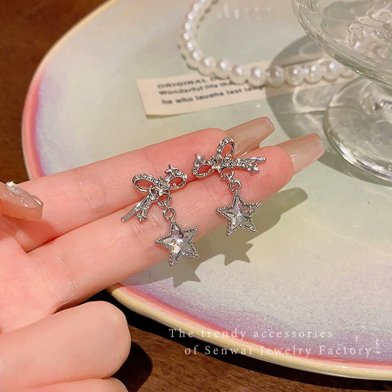 Women's Alloy And 925 Silver Bow And Star Earrings With Electroplating - Image 7
