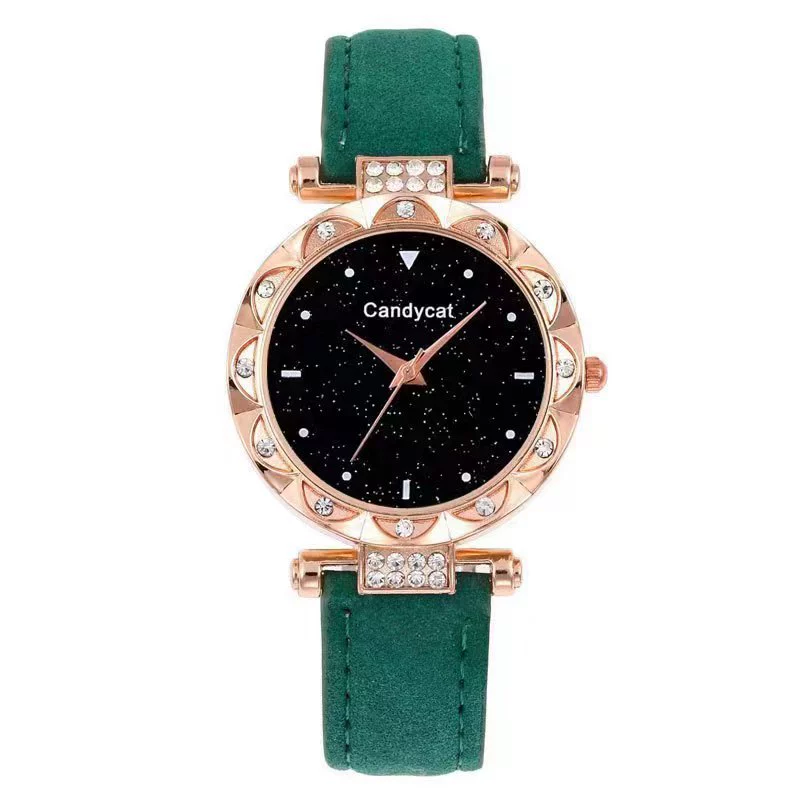 Women's Alloy And Imitation Leather Casual Round Dial Starry Sky Watch With Titanium Buckle And Spiral Crown - Image 12