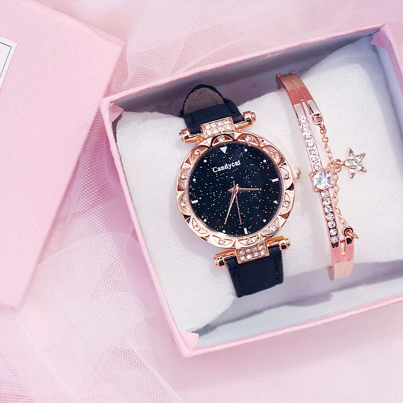 Women's Alloy And Imitation Leather Casual Round Dial Starry Sky Watch With Titanium Buckle And Spiral Crown - Image 2