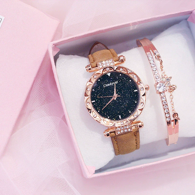 Women's Alloy And Imitation Leather Casual Round Dial Starry Sky Watch With Titanium Buckle And Spiral Crown - Image 20