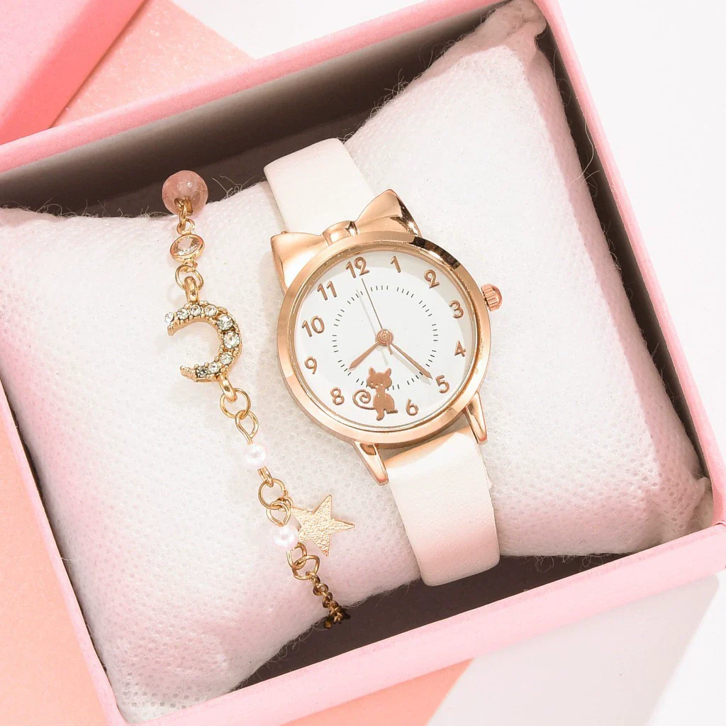 Women's Alloy And Imitation Leather Fresh Cute Cat Quartz Watch With Round Dial And Titanium Buckle - Image 11