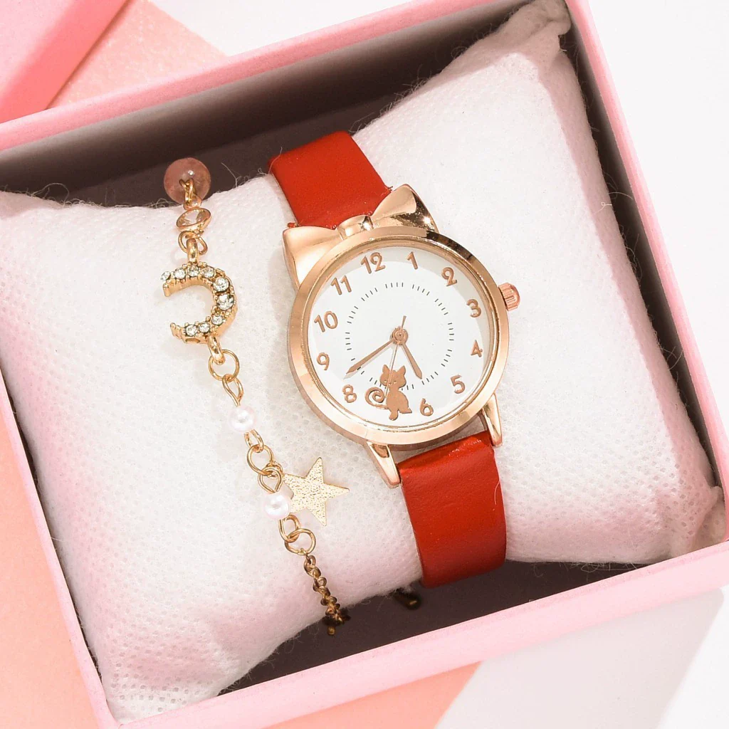 Women's Alloy And Imitation Leather Fresh Cute Cat Quartz Watch With Round Dial And Titanium Buckle - Image 12