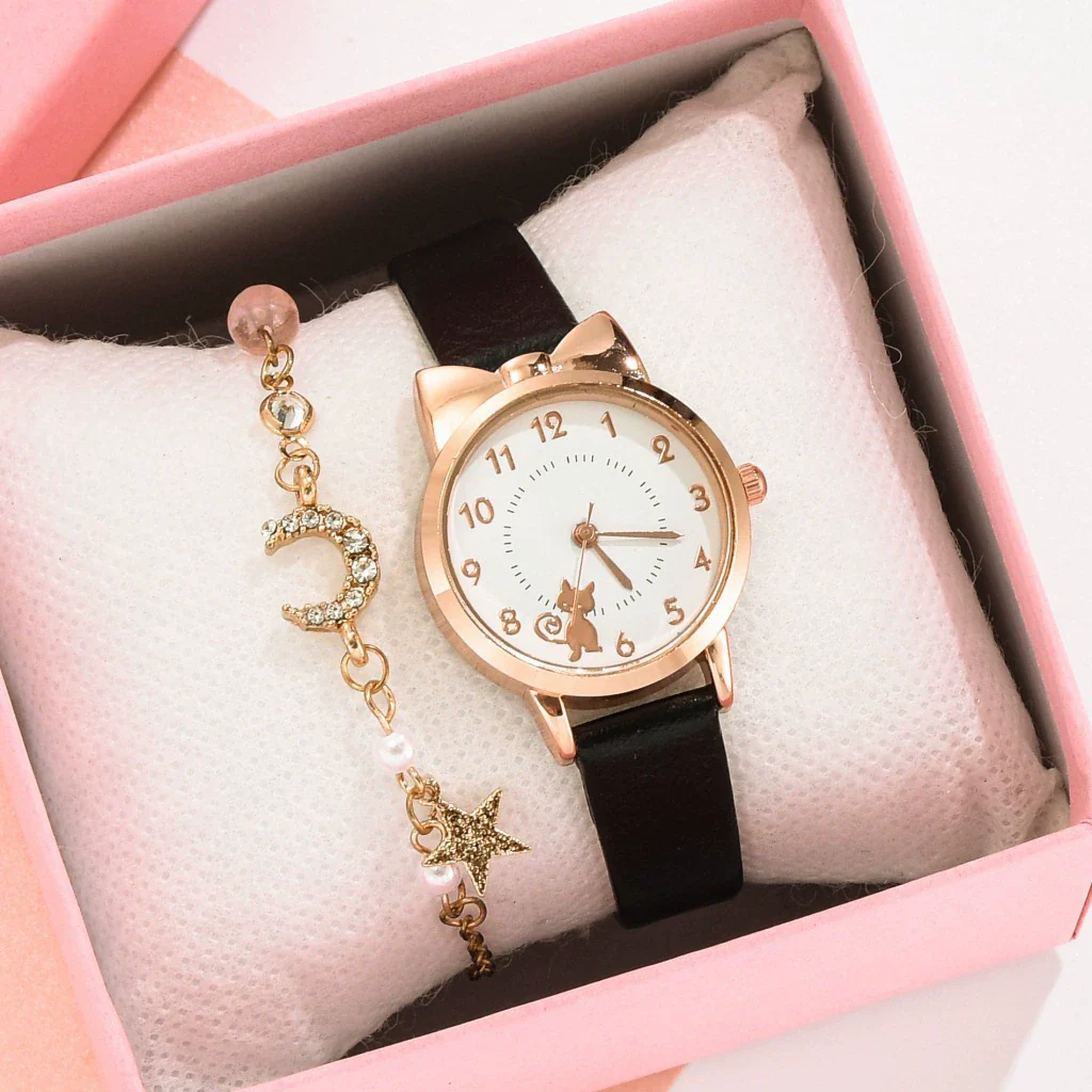 Women's Alloy And Imitation Leather Fresh Cute Cat Quartz Watch With Round Dial And Titanium Buckle - Image 13