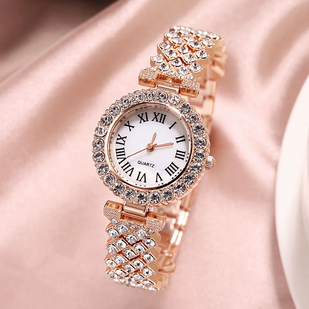 Women's Alloy And Stainless Steel Round Dial Diamond Mixed Scale Quartz Watch And Gypsophila Bracelet Fashion Gift Set - Image 10