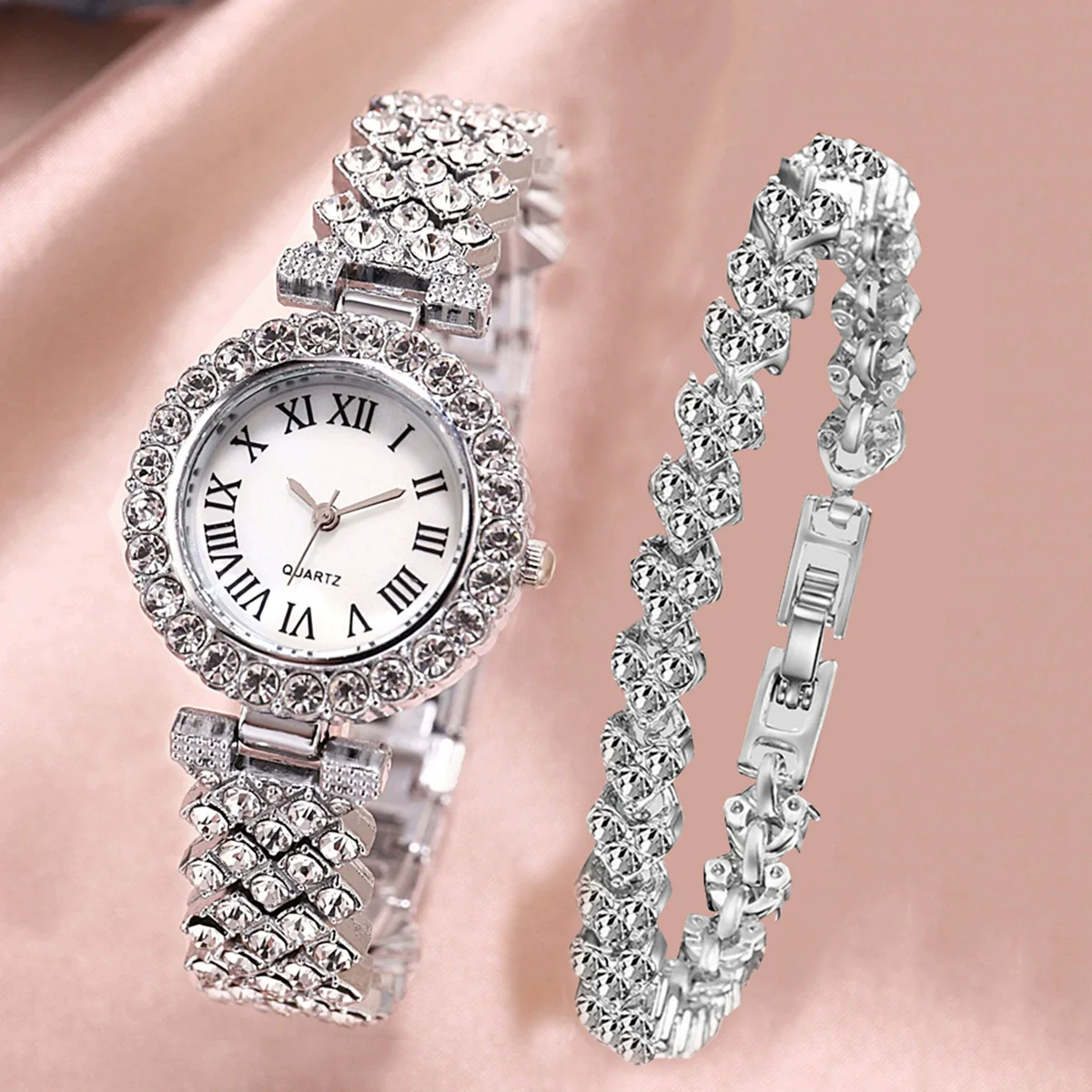 Women's Alloy And Stainless Steel Round Dial Diamond Mixed Scale Quartz Watch And Gypsophila Bracelet Fashion Gift Set - Image 14