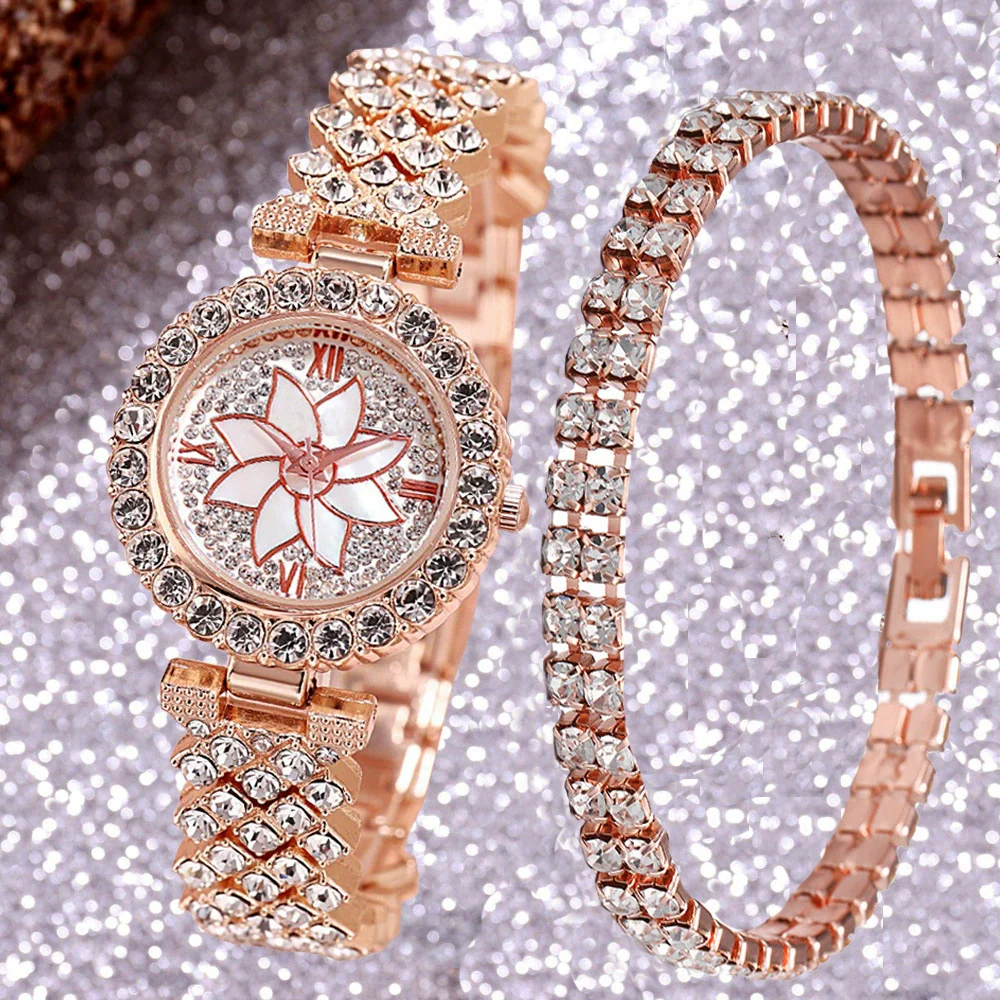 Women's Alloy And Stainless Steel Round Dial Diamond Mixed Scale Quartz Watch And Gypsophila Bracelet Fashion Gift Set - Image 2