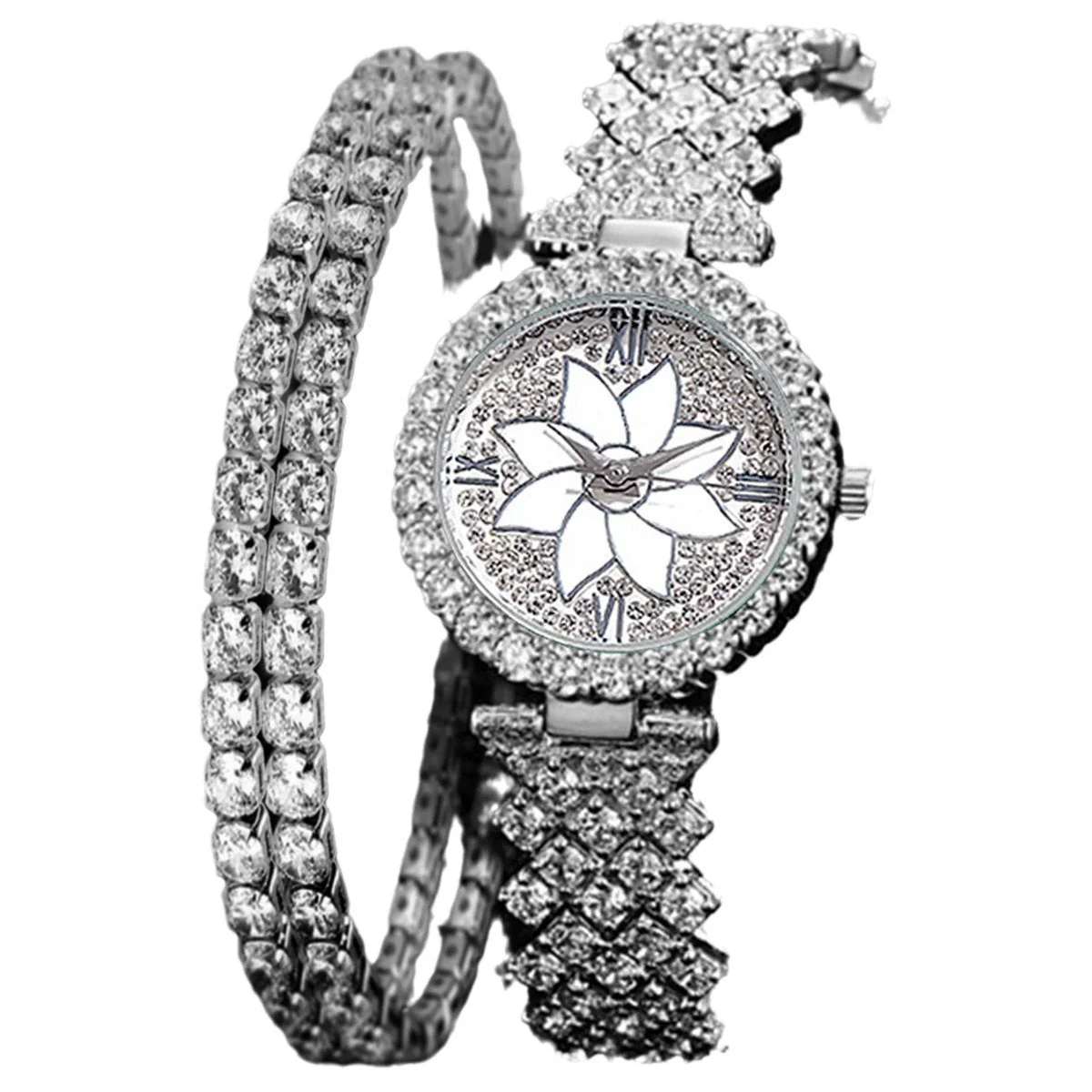 Women's Alloy And Stainless Steel Round Dial Diamond Mixed Scale Quartz Watch And Gypsophila Bracelet Fashion Gift Set - Image 4