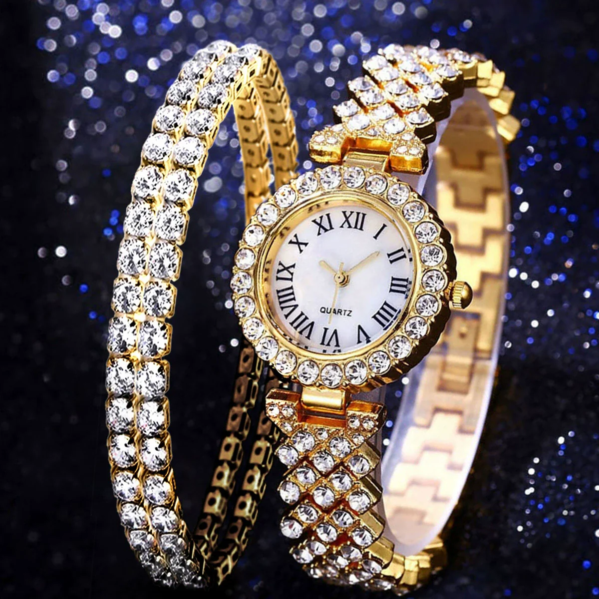 Women's Alloy And Stainless Steel Round Dial Diamond Mixed Scale Quartz Watch And Gypsophila Bracelet Fashion Gift Set - Image 5