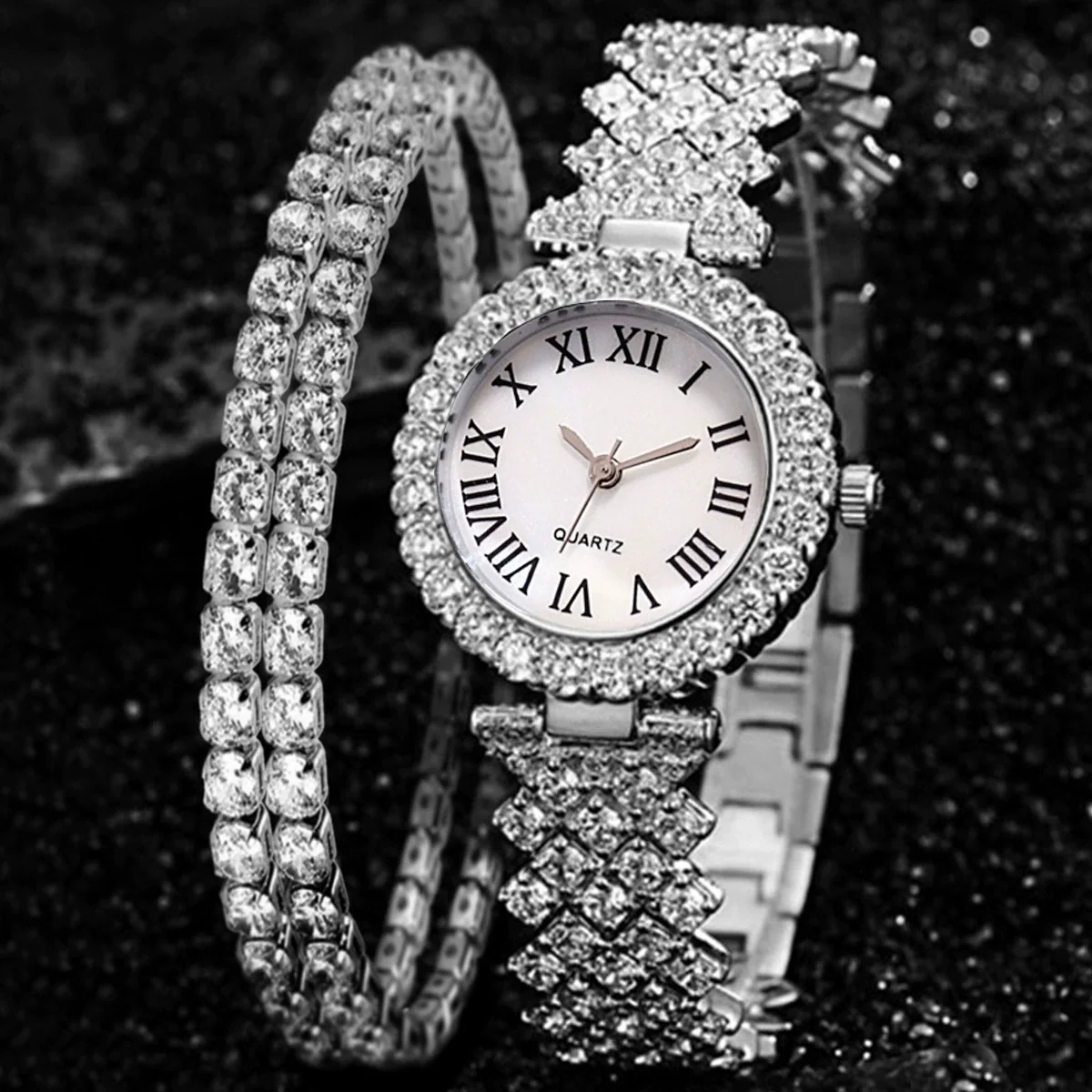 Women's Alloy And Stainless Steel Round Dial Diamond Mixed Scale Quartz Watch And Gypsophila Bracelet Fashion Gift Set - Image 6