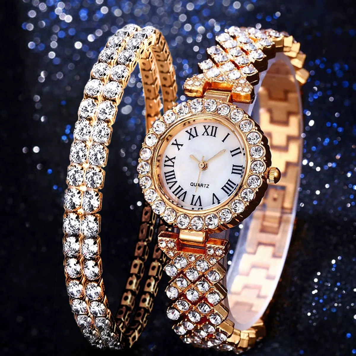 Women's Alloy And Stainless Steel Round Dial Diamond Mixed Scale Quartz Watch And Gypsophila Bracelet Fashion Gift Set - Image 7