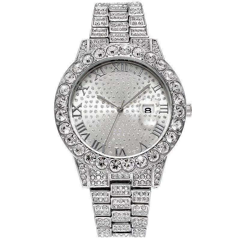 Women's Alloy And Stainless Steel Round Hiphop Fashion Calendar Quartz Watch With Explosion Diamond - Image 3