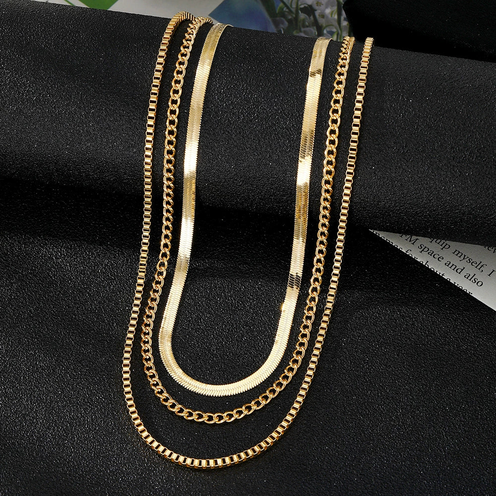 Women's Alloy Box Chain Multilayer Stacked Vintage Golden Necklace With Geometric Design And Electroplating - Image 3
