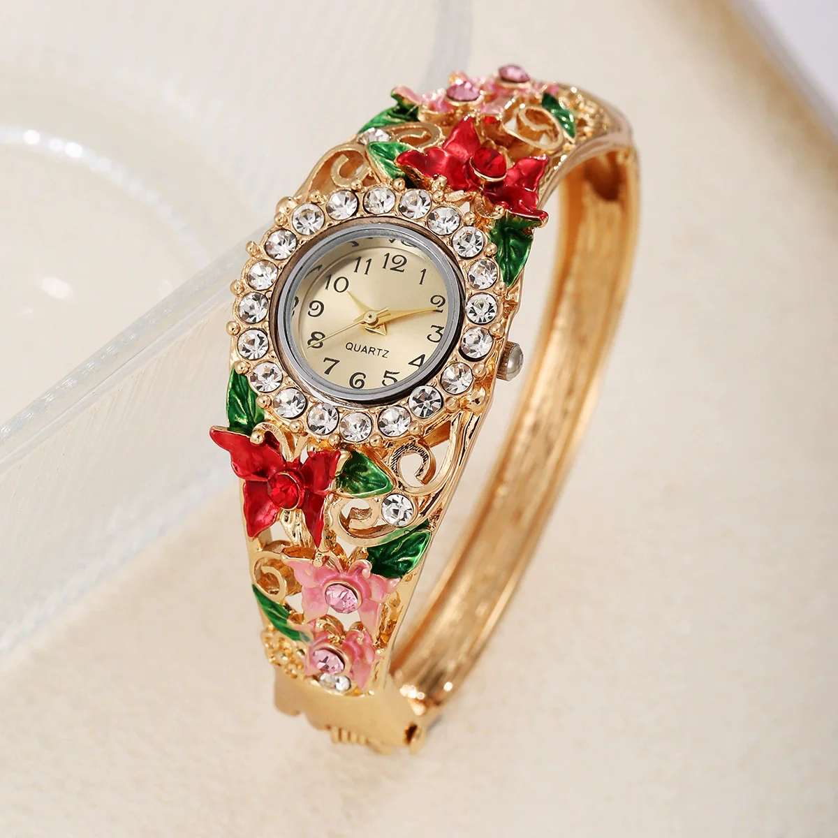 Women's Alloy Bracelet Quartz Watch With Diamonddecorated Butterfly Flower Design And Round Dial - Image 3