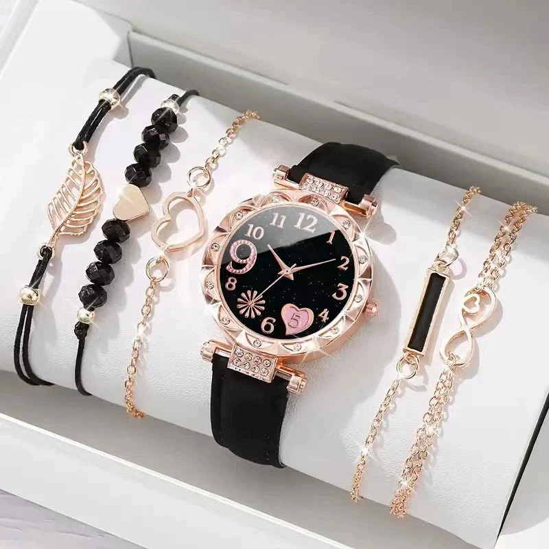 Women's Alloy Case And Strap Diamond Dial Quartz Watch Beaded Bracelet Set Round Dial Fashionable