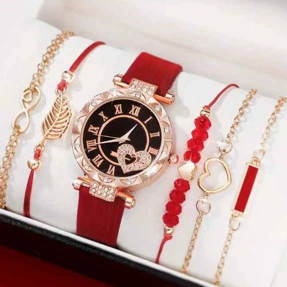 Women's Alloy Case And Strap Diamond Dial Quartz Watch Beaded Bracelet Set Round Dial Fashionable - Image 4