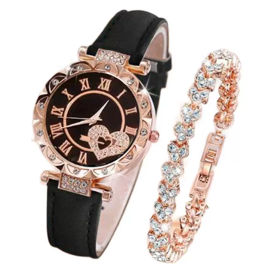 Women's Alloy Case And Strap Diamond Dial Quartz Watch Beaded Bracelet Set Round Dial Fashionable - Image 5